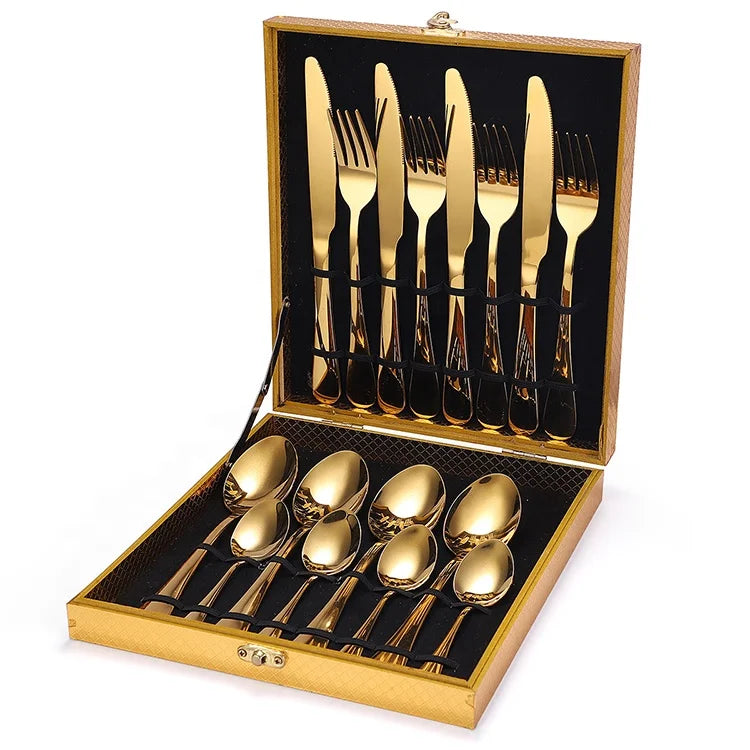 Eco Friendly European Modern Steak Knife Hotel Titanium Stainless Steel Mirror Polish Wedding 16pcs Multi Color Gold Plywood Set