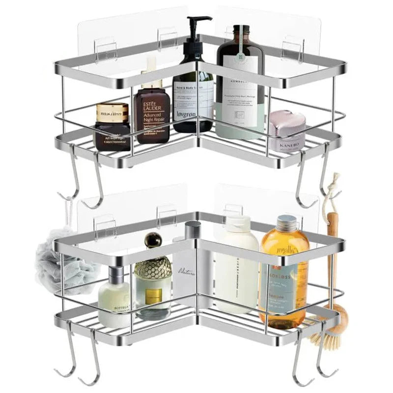 Modern No Drill Black Bathroom Corner Shower Caddy Adhesive Wall-Mounted Stainless Steel Eco-Friendly Dual Tier Storage