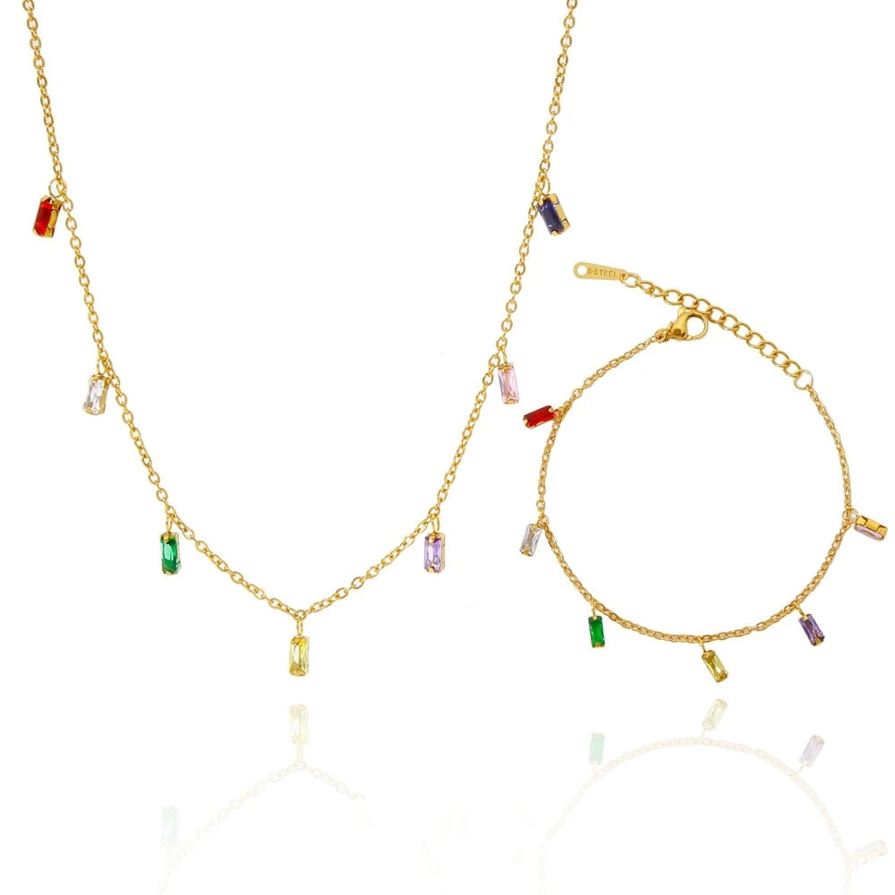 Luxury New Square Colored Zircon Pendant Necklace Jewelry Set Stainless Steel Gold Plated Clavicle Chain Bracelet Accessories