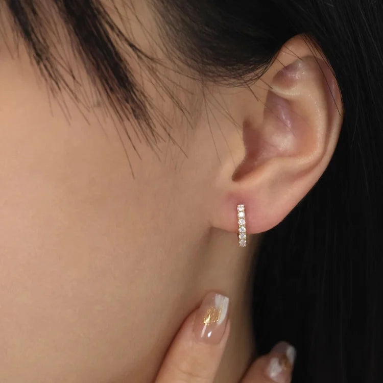 14K Gold Huggie Cartilage Earrings with Lab Diamonds Au585 Circular Earring Hoops Solid Gold Full Huggie Style