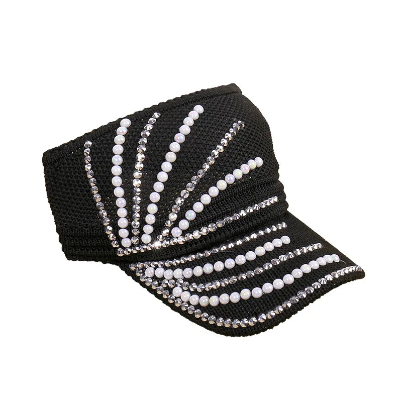 Women's Ponytail Hat Trendy Pearl Rhinestone Knitted Topless Hat Summer Sun Protection Female Sun Hat