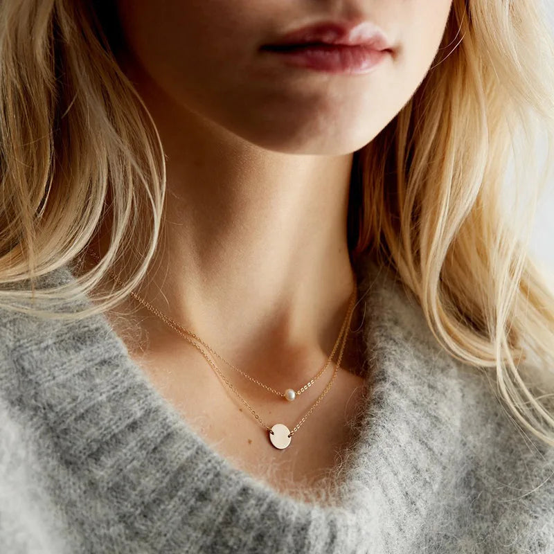Women Layered Necklaces Multi Layer Chain 316L Stainless Steel Pearl Disc Tiny Coin Necklace Set