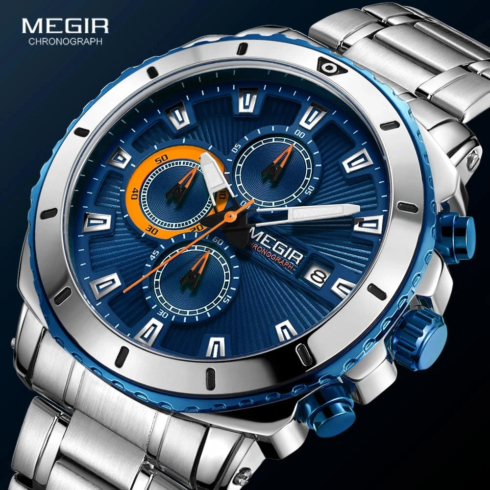 Dropshipping Fashion Antique Business Stainless Steel Alloy 45mm Water Resistant Quartz Luminous MEGIR Men's Blue Dial