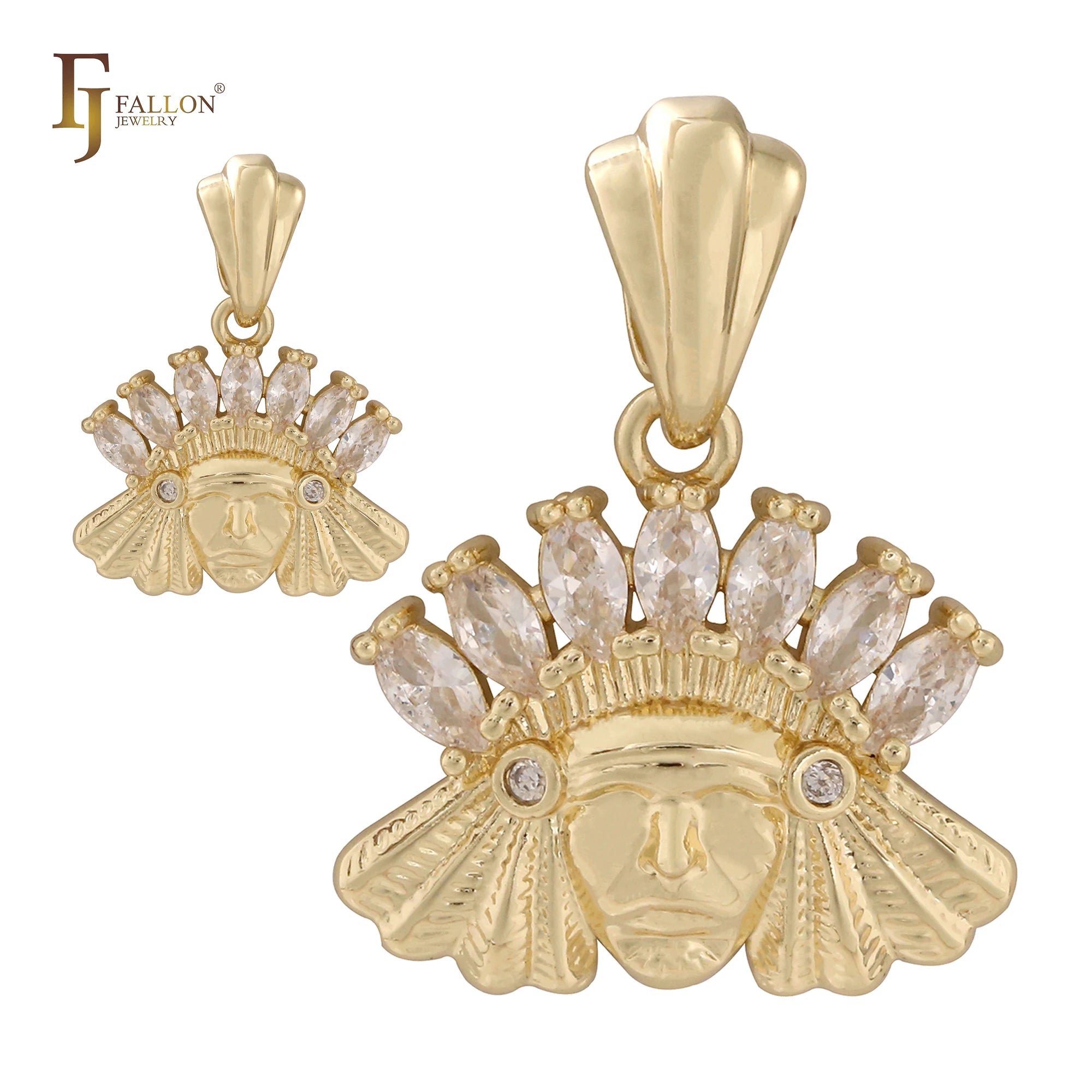 FJ Fallon Fashion Jewelry Indian Chief Colorful Marquise CZs Pendant Plated in 14K Gold Brass Based