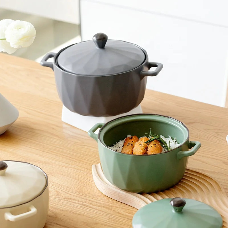 Bohemian Diamond Binaural Eco-Friendly Instant Noodle Soup Bowls with Lid Household Ceramic Serving Bowls by Dwax Home