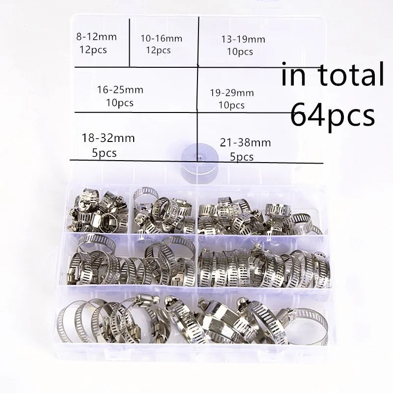 64pcs Worm Gear Hose Clamp Assortment Kit 8 38mm Diameter Adjustable Clips for Various Pipes OEM Customizable for Automotive