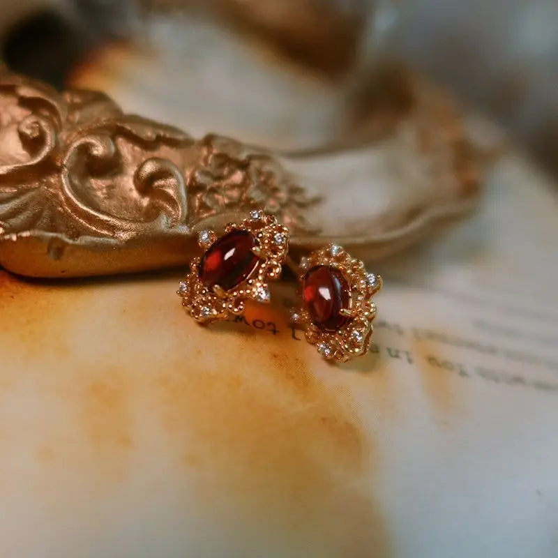 Luxury Vintage Court Style Red Gemstone Real Gold Plated Garnet Stone Stud Earrings for Women Jewelry