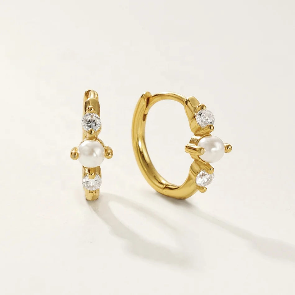 Nagosa Classy 18k Gold Vermeil Jewelry 925 Sterling Silver Shell Pearl Zirconia Hoop Earrings