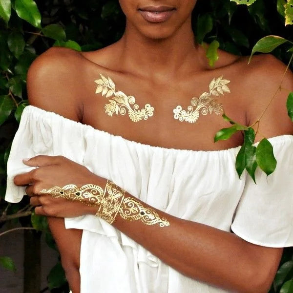 Runzio Waterproof Private Design Wedding Party Metallic Custom Gold Tattoo Stickers Temporary Tattoo 55x55mm Lasting 3-7 Days