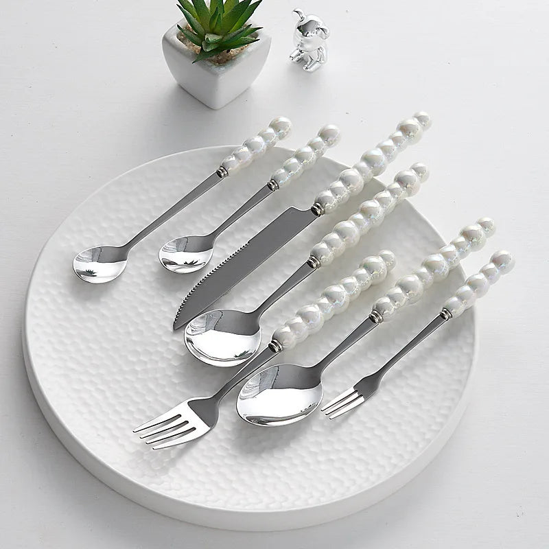 Western Ceramic Pearl Handle Cutlery Set Stainless Steel Spoon and Forks Golden Knives Utensils