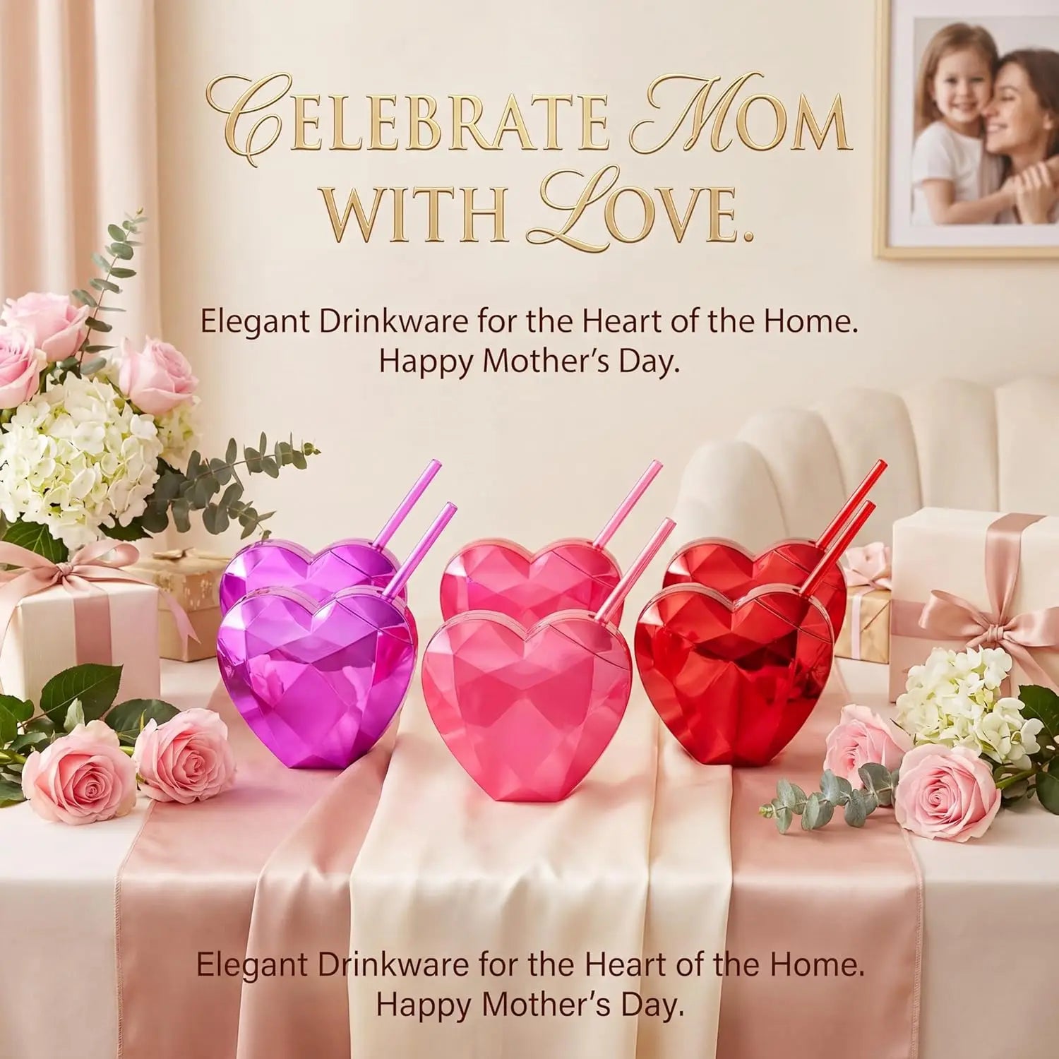 20 oz Plastic Pink Cocktail Heart Shaped Tumbler Disco Ball Cup with Straw and Lid for Wedding and Events