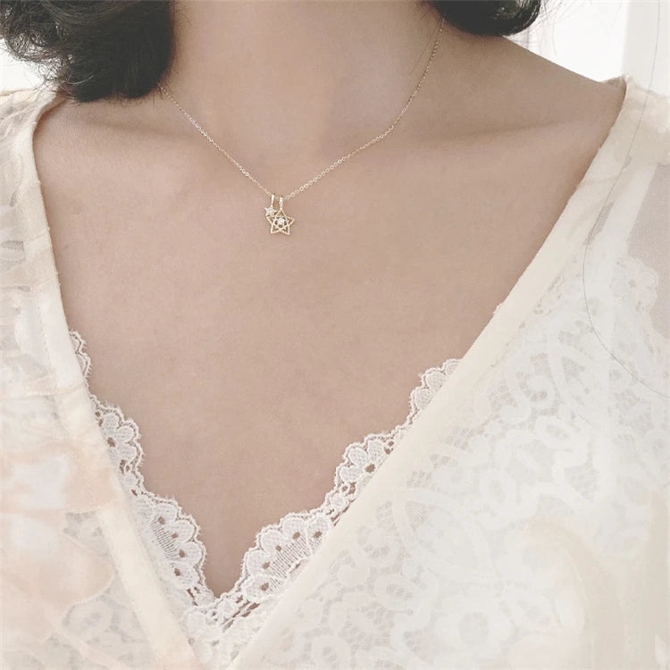 Women Gold Color Chain Jewelry Necklaces 925 Sterling Silver Two Star Necklace