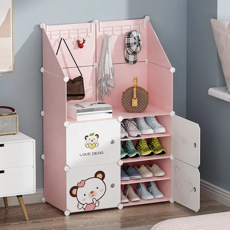 Pink Modern Extendable 4-Cube 8-Layer Shoe Cabinet with Coat Rack for Living Room & Warehouse Use