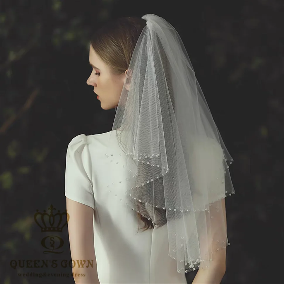 QUEENS GOWN  Hot Sale Bridal Two Layer Veil Simple Elegant Ivory Beaded Edge Wedding Veils