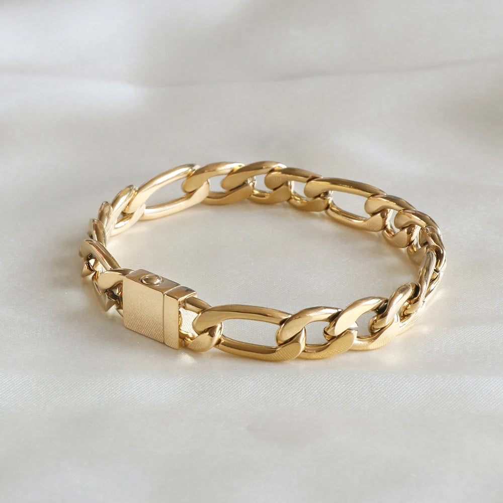 Durable Stainless Steel Gold Figaro Chain Bracelet Mens Push Button Clasp Link Jewelry