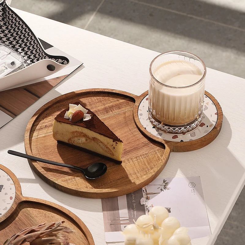 Wood Dessert Tray Japanese Wooden Plate with Diatomite Coasters