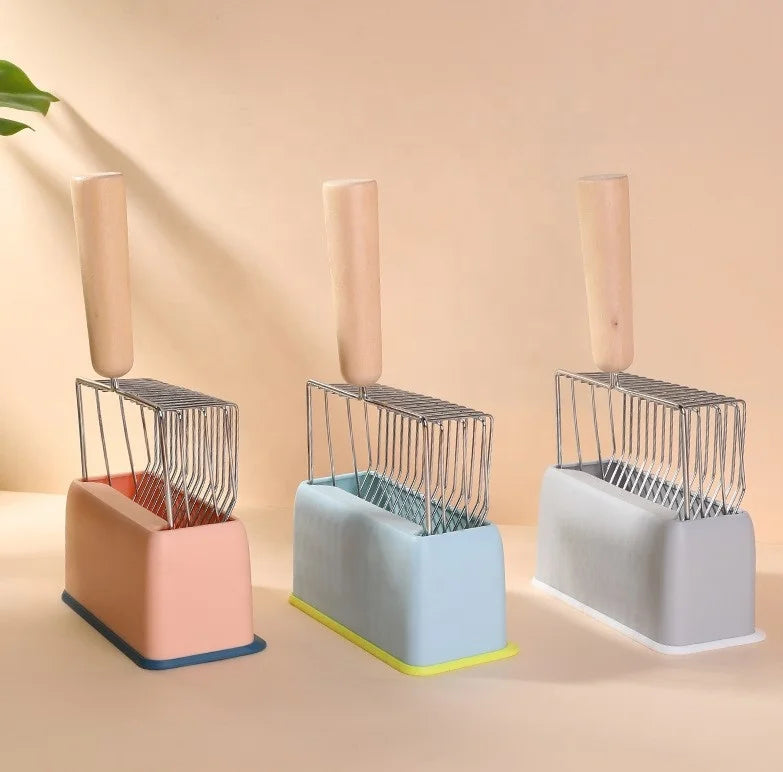 Wooden Handle Cat Litter Scoop Set with Metal & Wood Construction Broken Resistant Design Pedestal Included