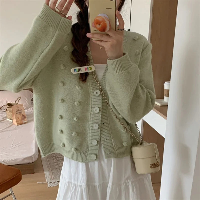 Custom Designed Long Sleeve Knit Cardigan for Women New V-Neck Ball Decoration Button Coat Factory's Winter Season Availability