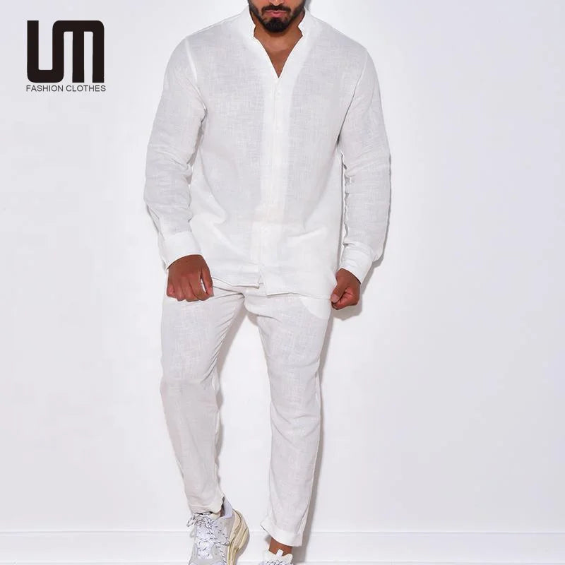 OEM Trending Fashion Autumn Men Casual Clothing Loose V Neck Shirt Cargo Pants Set