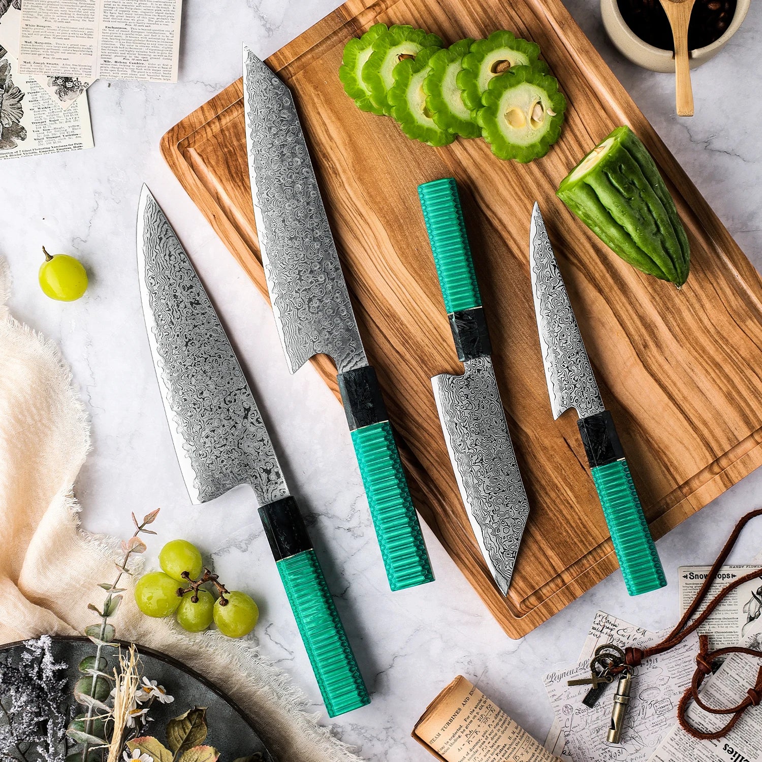 Grandsharp Japanese 67 Layers Damascus Steel Kitchen Knife Sets Chef Kiritsuke Utility Knife Green Resin & Aluminum Comb Handle