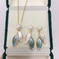 Hot Sale Morandi Colored Leaves 18k Gold Plated Natural Freshwater Pearl Earrings Necklace Rings Jewelry Set