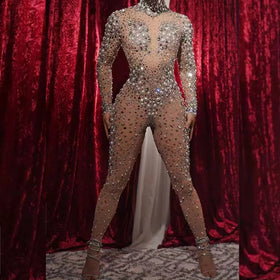 Rhinestone Leotards See Through Pearl Rhinestone Dance Leotard Stage Performance Costume Women Bodycon Club Party Bodysuit