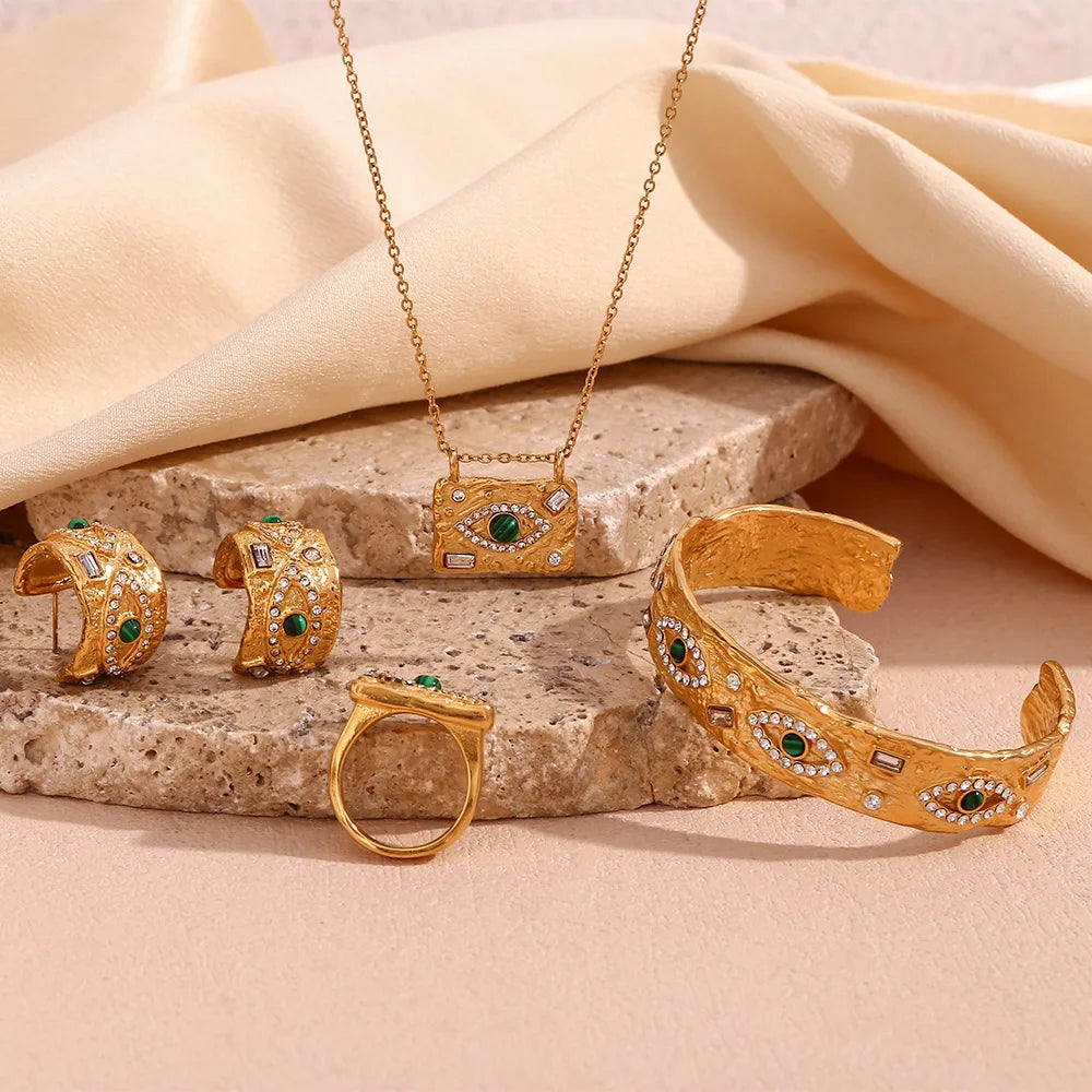 Fashion Hypoallergenic 316 L Stainless Steel Malachite Eyes Necklace Bangles Ring 18K Gold CZ Irregular Jewelry Set Waterproof