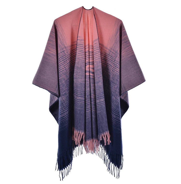 Winter 2024 Woman Kimono Wrap Front Open Stripped Poncho Cardigan Sweater Cape With Fringe