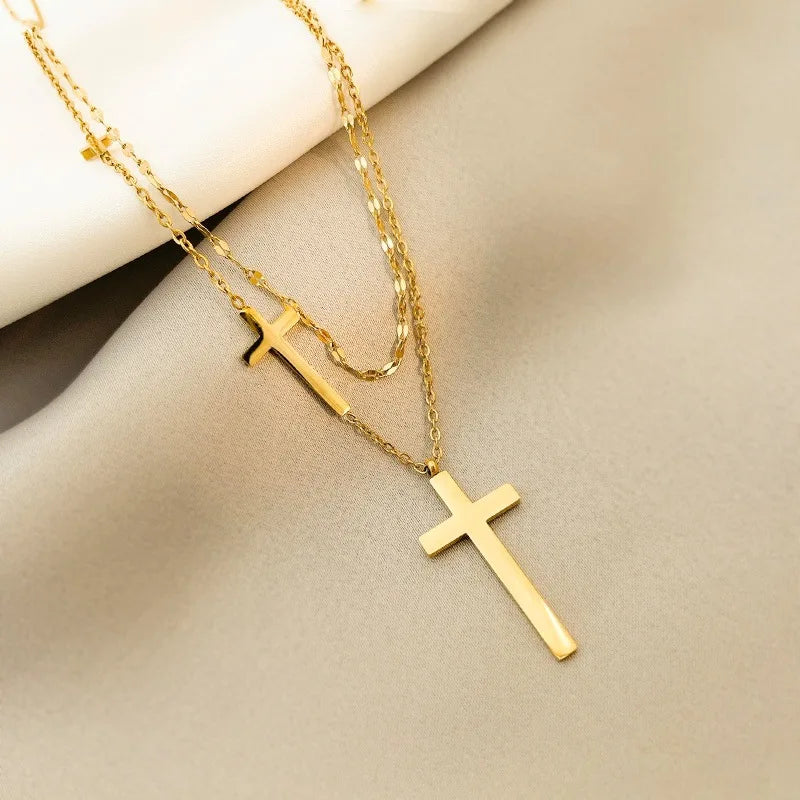 Trendy Multilayer Link Necklaces Cross Gold Plated Chain Choker Pendant Necklace for Women Double Layered Necklace