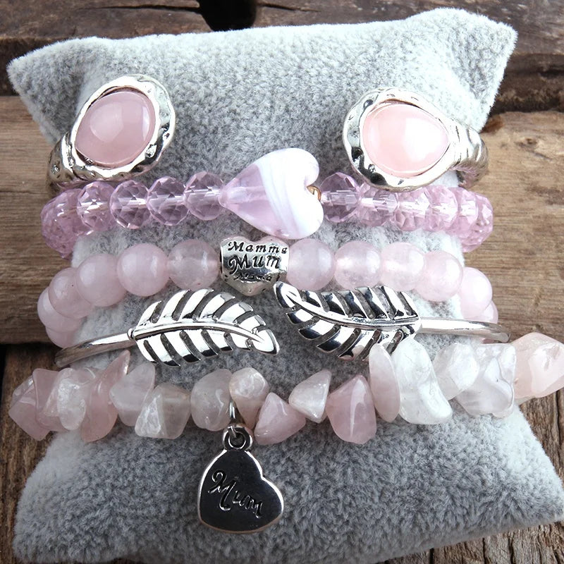 5pc Women Bohemian Jewelry  Boho Valentine Gift Amazonite pink Quartz Heart Mum Bracelet Leaf Cuff Bangle Stack Bracelet Sets