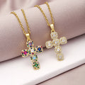 Popular Brass Colorful Zircon Cross Religious Pendant Necklace Ladies Gold Pendant Necklace