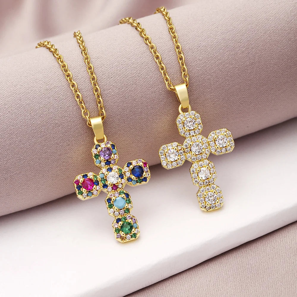 Popular Brass Colorful Zircon Cross Religious Pendant Necklace Ladies Gold Pendant Necklace