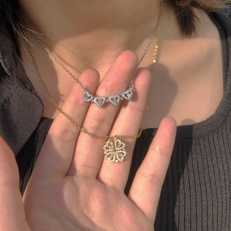 2025 New Fashion Clover 18K Gold Plated Heart Folded Zircon Necklace for Gift
