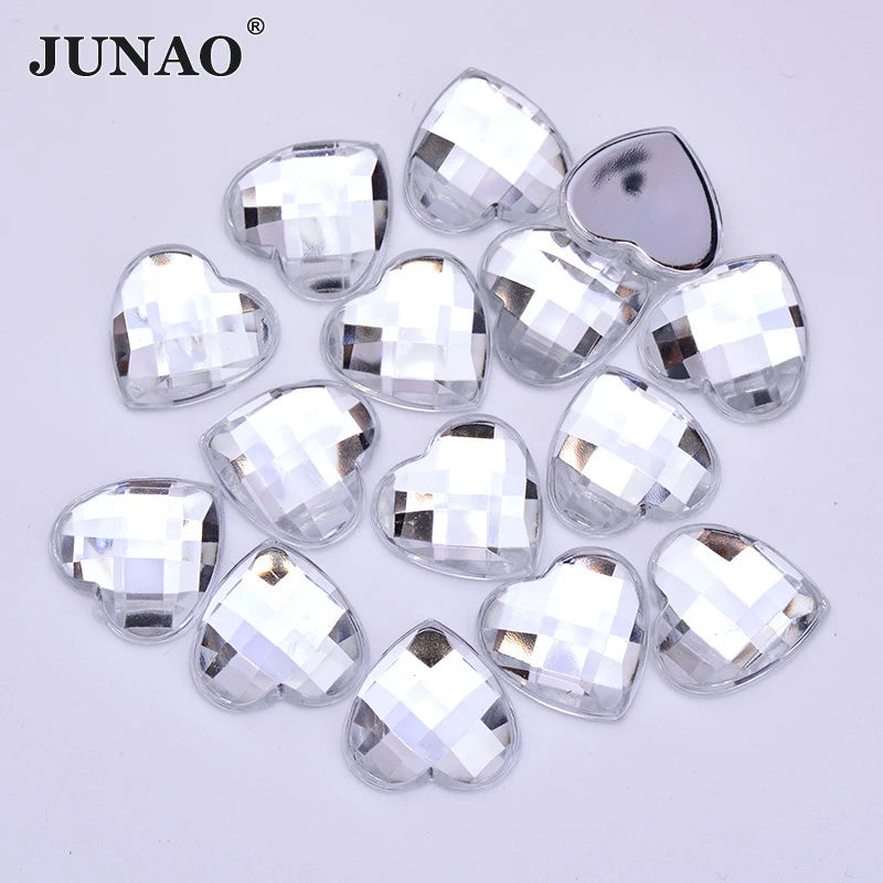 JUNAO 8mm 10mm 12mm 14mm 18mm Heart Acrylic Rhinestones Glue on Clear Stones Cute Design Crystal AB Stones