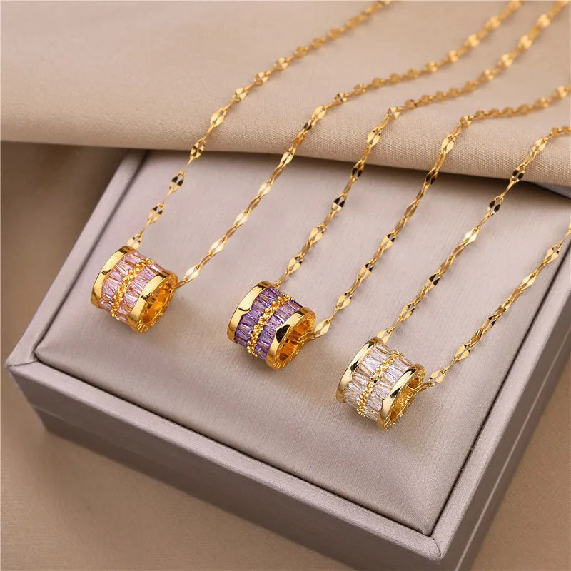 Nabest Waterproof Ring Tube Charm Necklace Women Jewelry PVD Stainless Steel Rhinestone Crystal Pendant Necklaces
