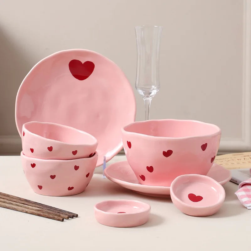 Ins Pink Love Heart Ceramic Cutlery French Dessert Plate Cute Hand Pinch Mug