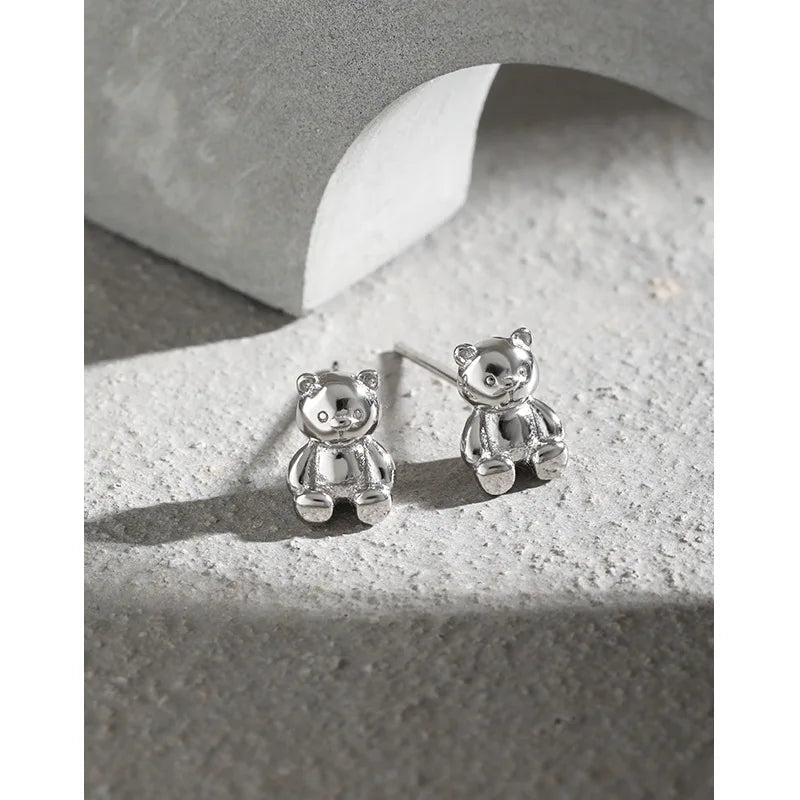 WMEB119 Solid S925 Sterling Silver Teddy Bear Post Earrings Daity Animal Jewelry Kawaii Earrings