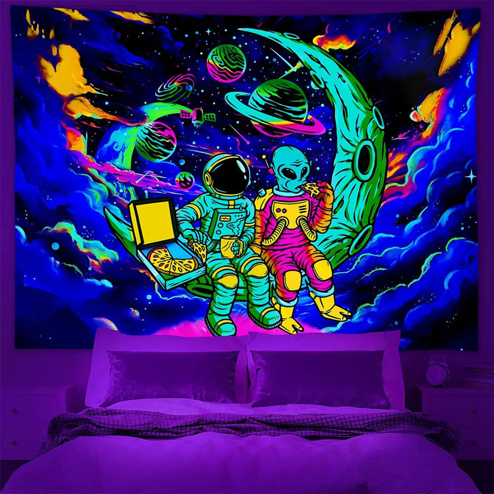 UV Reactive Mushroom Alien Tapestries Glowing Astronaut Art Bedroom Decor Knitted Woven Black Light Night Feature Anime