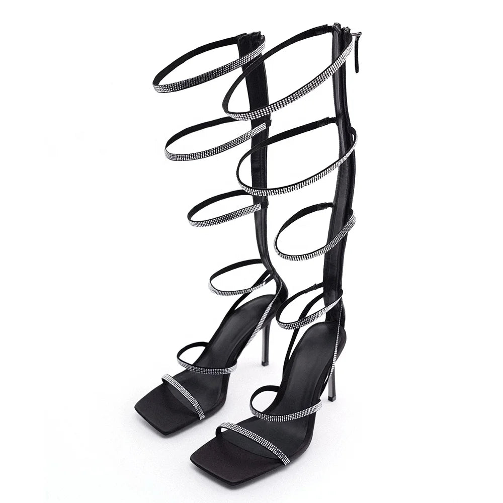 Trendy Ladies High Heels Stiletto Square Toe Dance Evening Girls Shoes Rhinestone Gladiator Sandals Women