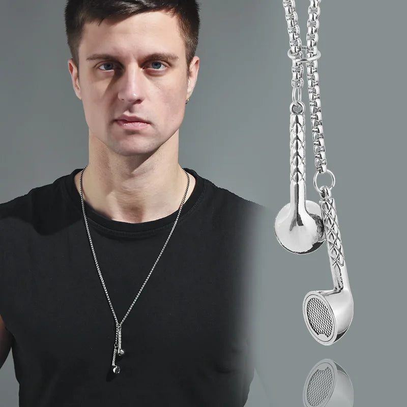 Hip Hop Punk Gold Silver Color Music Earphones Necklaces Long Chain Earplugs Necklace for Men Women Fashion Jewelry Pendants