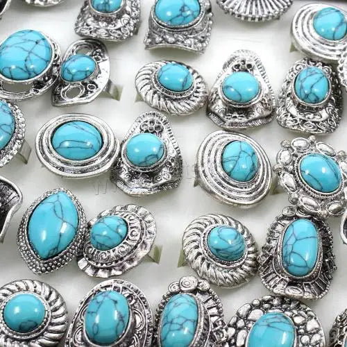 Unisex Turquoise Jewelry Zinc Alloy Synthetic Stone Finger Rings Antique Silver 1172354