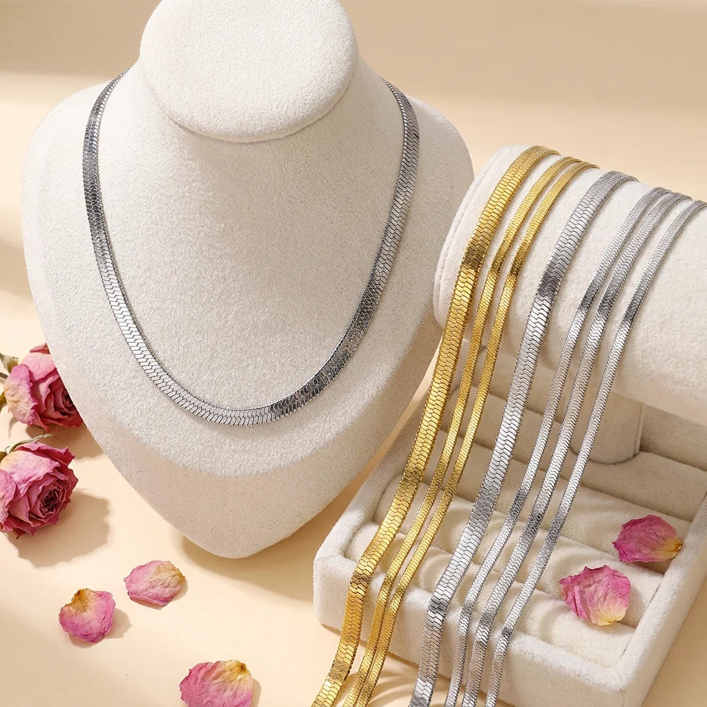 Trendy Flexible Real PVD Gold Chains Multiple Length & Width Durable Stainless Steel Flat Snake Chain Necklace Set for Women