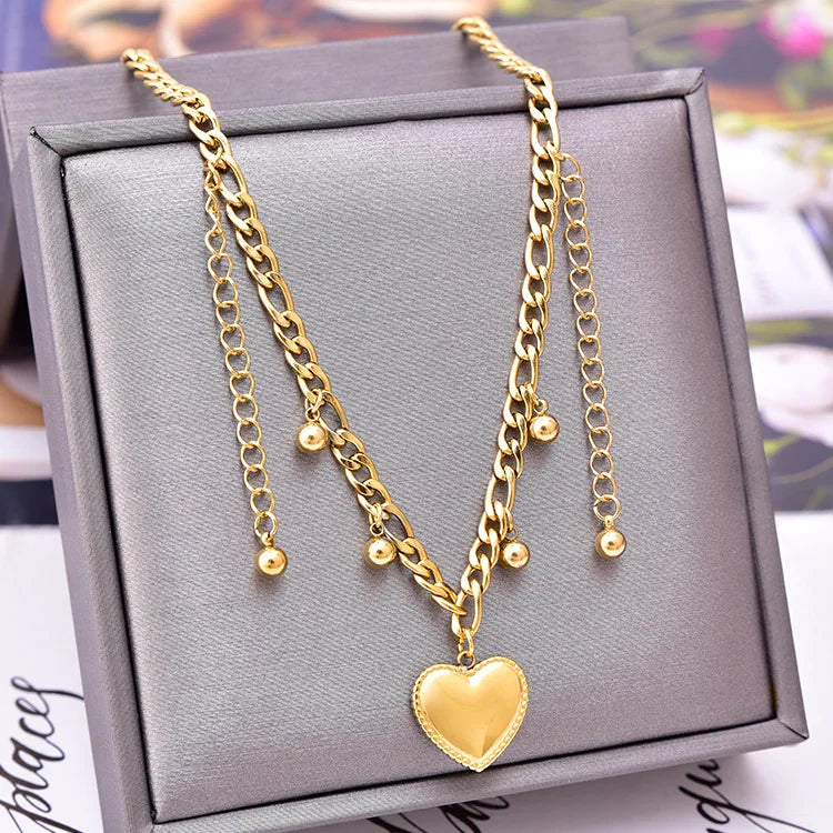 18K Gold Plated Figaro Chain Round Ball Pendant Necklace Stainless Steel Waterproof Heart Necklace