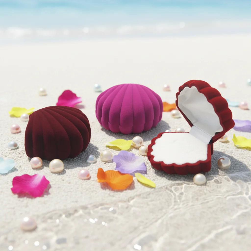 Custom logo Red Velvet Wholesale Jewelry Box High-grade Flocked Shell Shape Ring Box Cute Flocked Jewelry Packaging Box