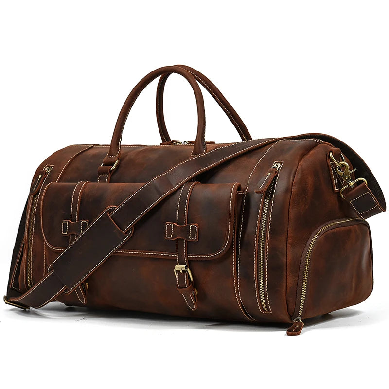 Large Capacity Men Genuine Leather Travel Duffle Bag With Shoe Compartment Crazy Horse Weekender