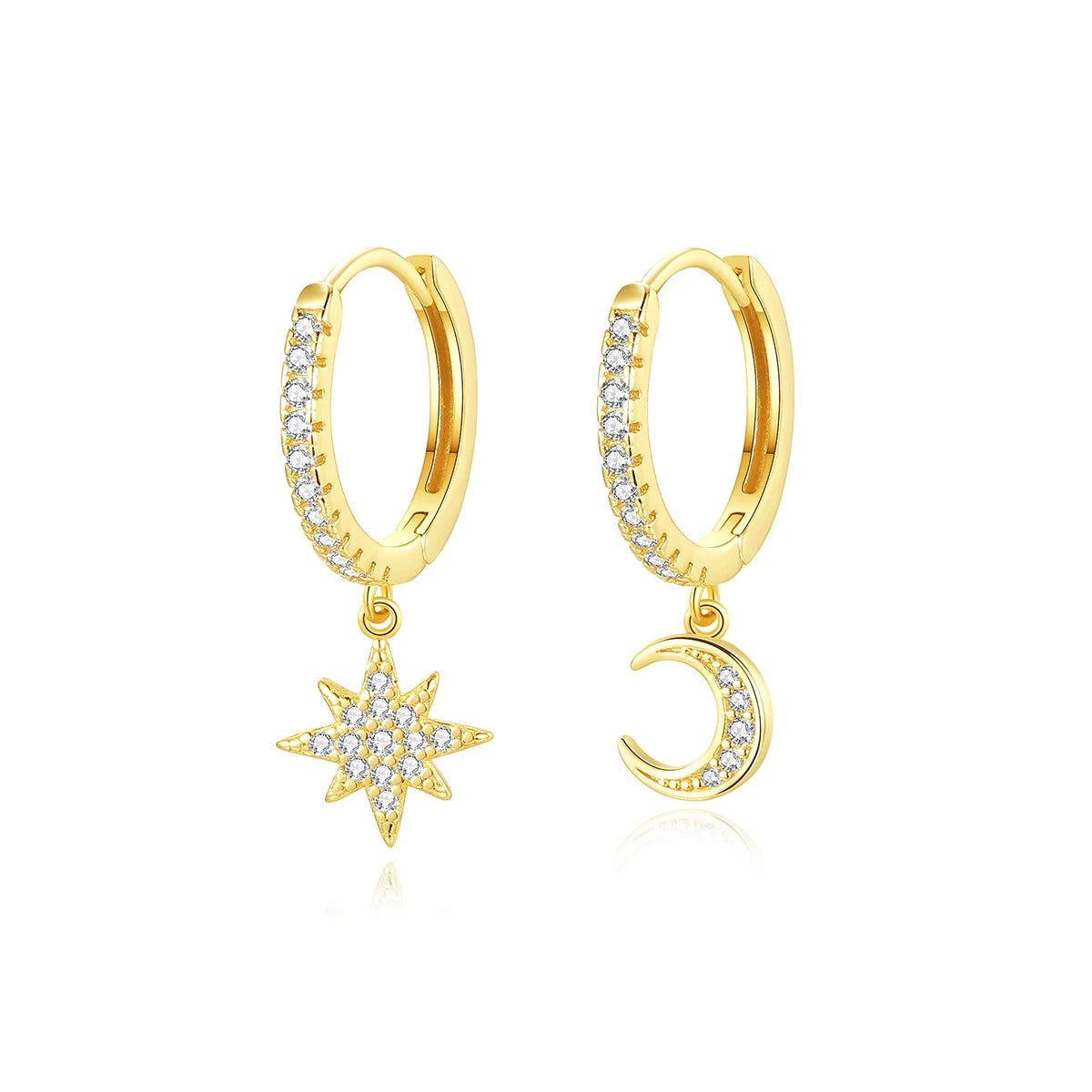 Daidan Sterling Gold Plated Moon Earring Huggiee Mismatched 925 Silver Jewelry Dangle Drop Star and Moon Earrings