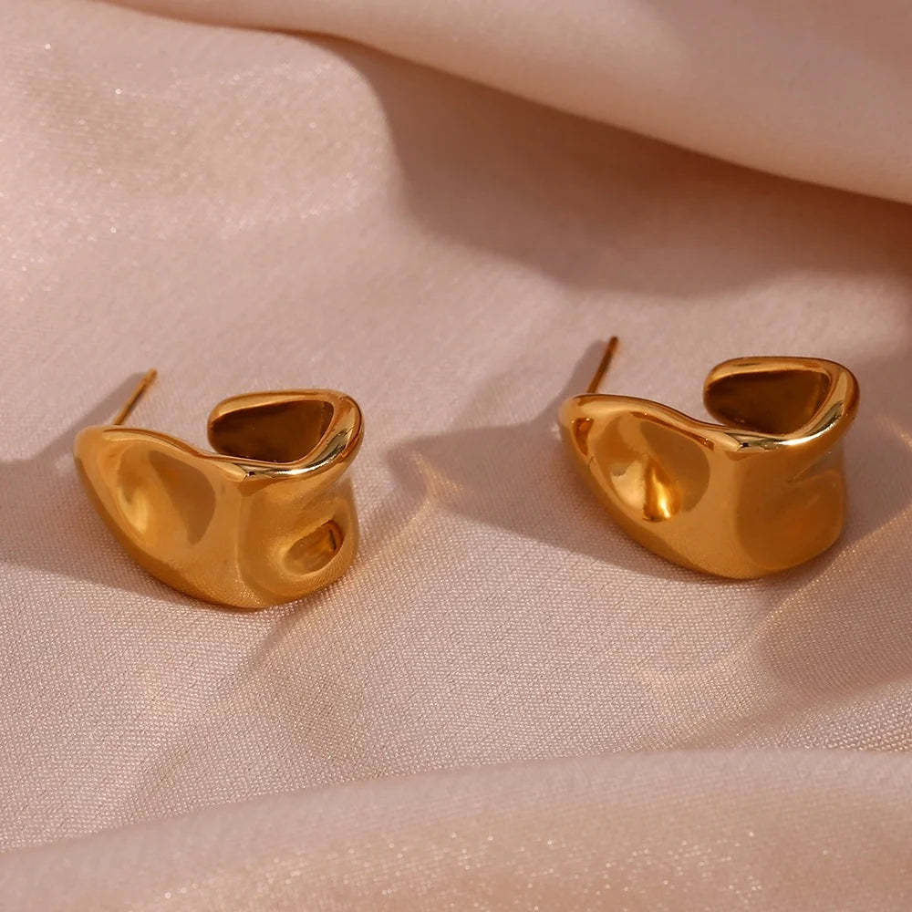 Unique Design Irregular Hammered Tinfoil Shape Hoop Earring Tarnish Free 18K Gold Plated Stainless Steel Earring Women Jewelry