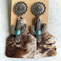 Western Cowgirl Earrings Genuine Hair on Hide Leather Cow Tag Cactus Turquoise Dangle Earrings Southwestern Jewelry