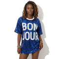 Women O-Neck Half Sleeve Sequin Jersey T-Shirt Dress French Letter Bonjour Streetwear Hip-Pop Mesh Oversized Casual Long Tee