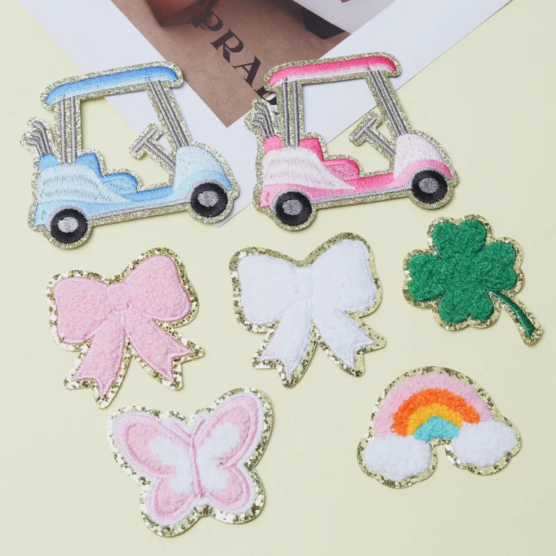 New Design Iron on  Embroidered Sliver Edge Exquisite Golf Car Chenille Bow Patch for Clothes Bag Decoration